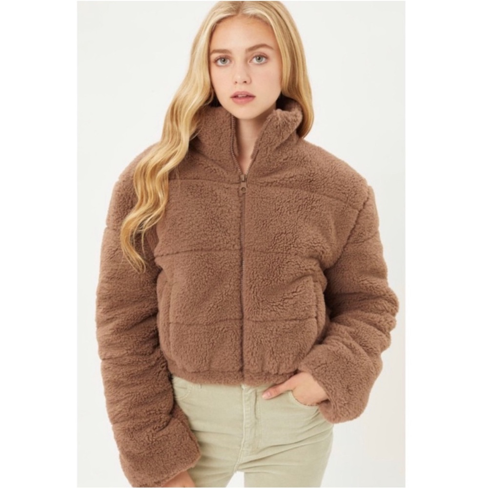 Soft teddy plush zip up puffer jacket